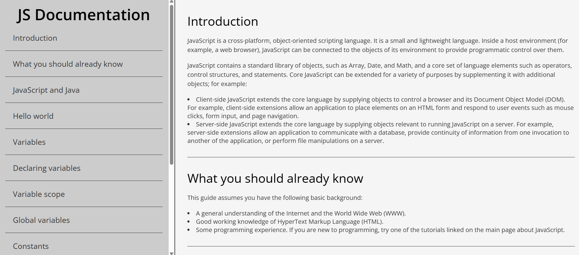 Screenshot of the technical documentation page.